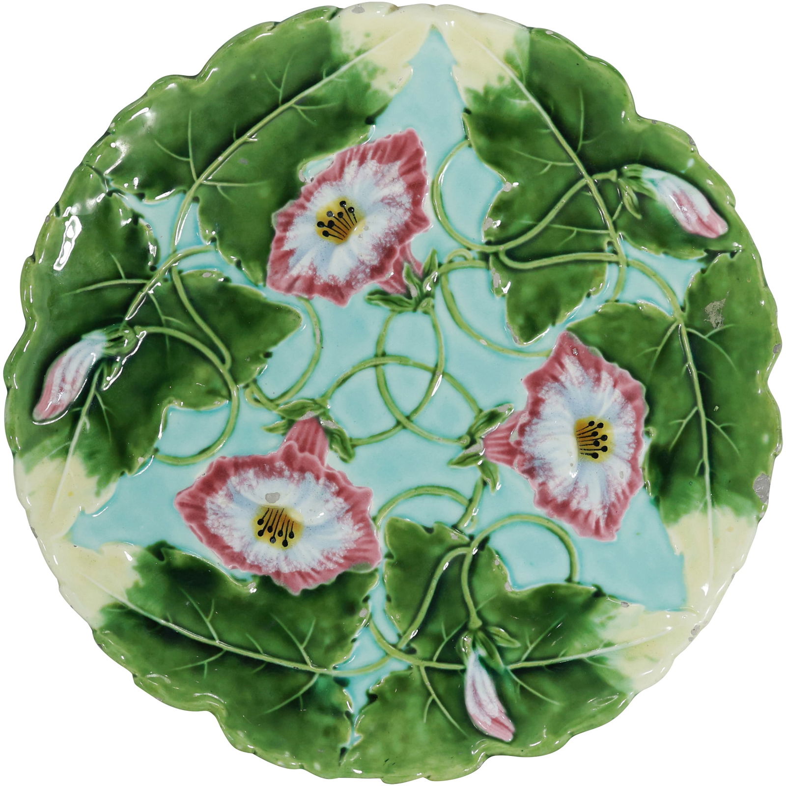 Antique Art Nouveau Morning Glory Majolica Wall Plate, Possibly Rookwood 605 (1 of 19)
