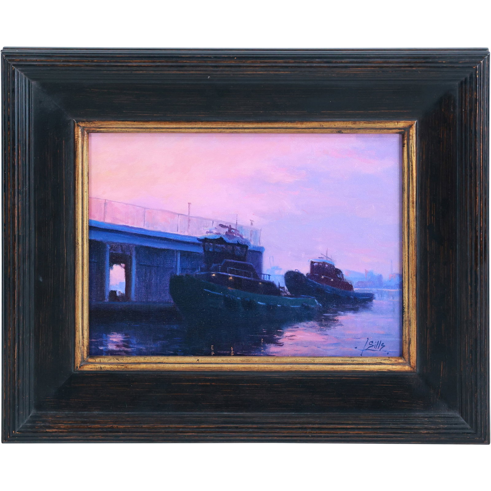 John Brandon Sills, Fine 20th C. Oil on Canvas titled "Harmony in Rose & Blue", Tugboat, Framed: John Brandon Sills, Fine 20th C. Oil on Canvas titled "Harmony in Rose & Blue", Tugboat, Framed. size: 14.5x17.5 outside frame 12x9 inside frame. ASKart: John Brandon Sills attended Towson State Unive