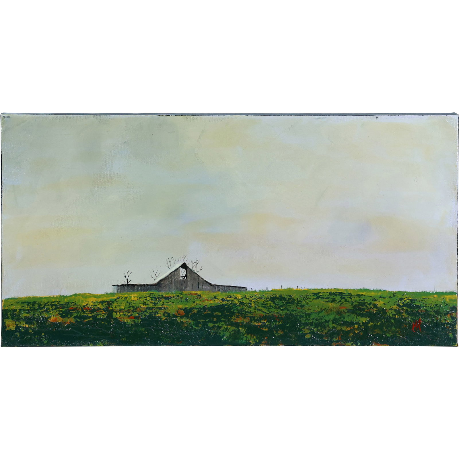 William Renzulli, Kentucky Artist, Oil on Canvas Painting, Rural Barn in Field titled: "Alone": William Renzulli, Kentucky Artist, Oil on Canvas Painting, Rural Barn in Field titled: "Alone". size: 24x12 canvas