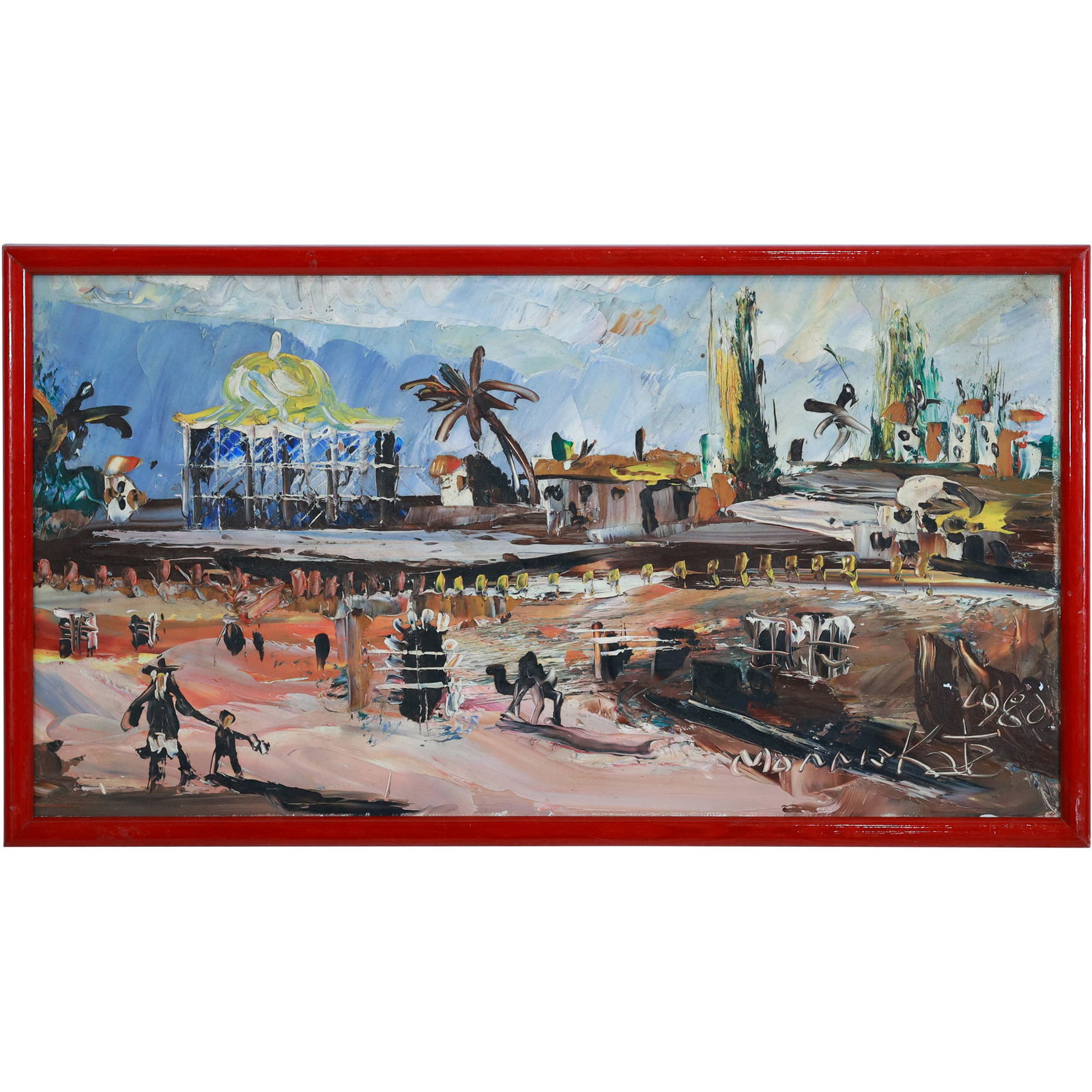 Morris Katz 1980, Jewish American, Acrylic Painting Mid Eastern Landscape with Buildings and Figures: Morris Katz 1980, Jewish American, Acrylic Painting Mid Eastern Landscape with Buildings and Figures. size: 21.75x12 outside frame 21x11 inside frame