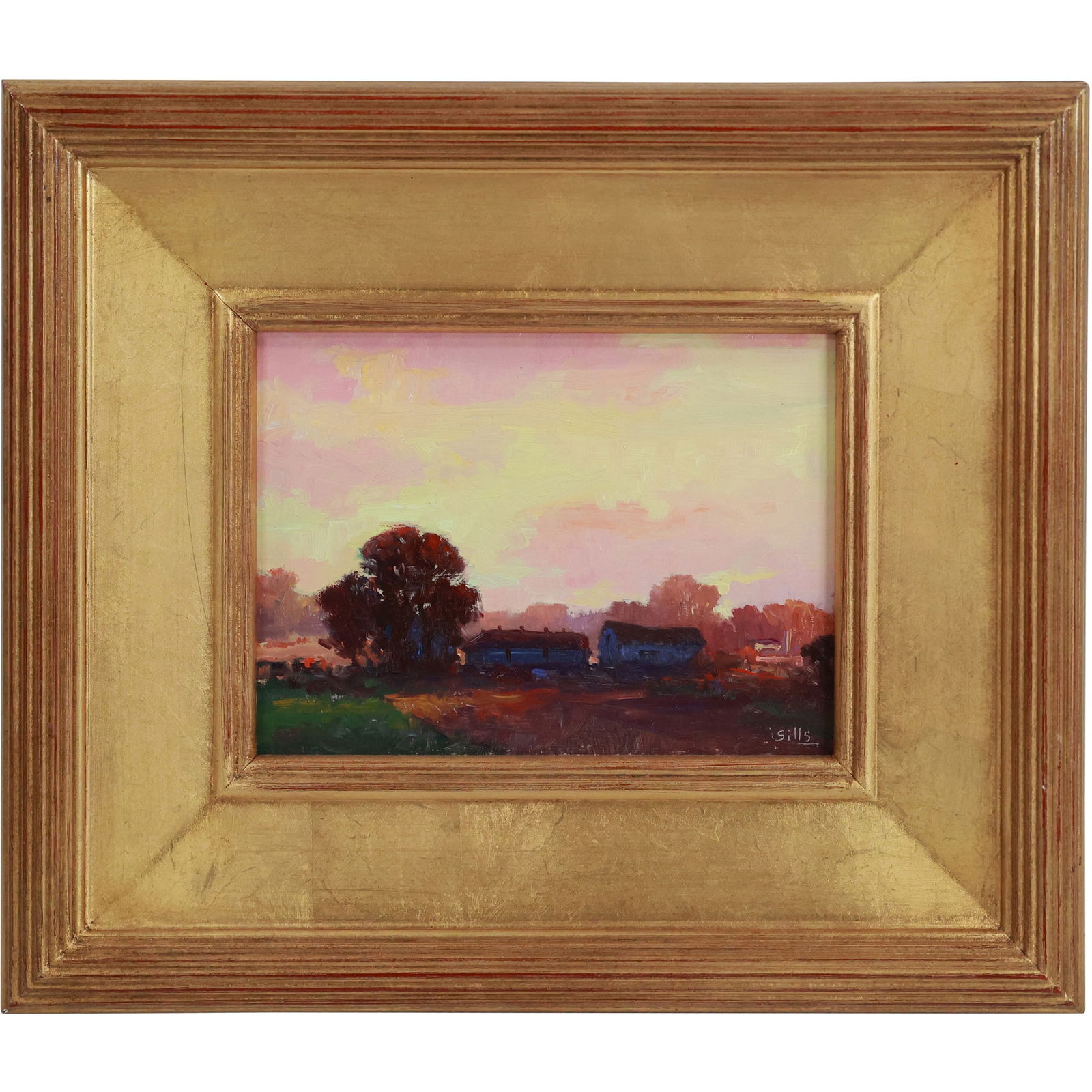 John Brandon Sills, Fine 20th C. Oil on Board Landscape titled "Sunset Gold", Framed (1 of 16)