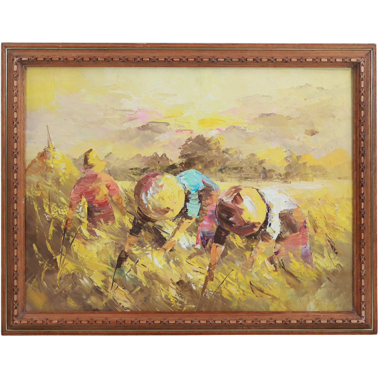 Artist Signed Illegible, Oil on Board Painting Farmers Harvesting in a Field (1 of 16)