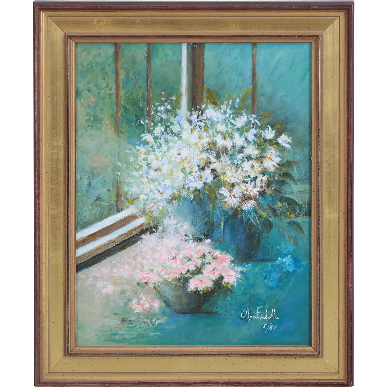 Olga Fiedella (5/89) Signed Still Life Oil Painting of Two Floral Planters in the Window: size: 19.25x15.5 outside frame 15.75x12 inside frame This serene still life oil painting by Olga Fiedella, dated 1989, captures the delicate beauty of two floral planters positioned in a sunlit window