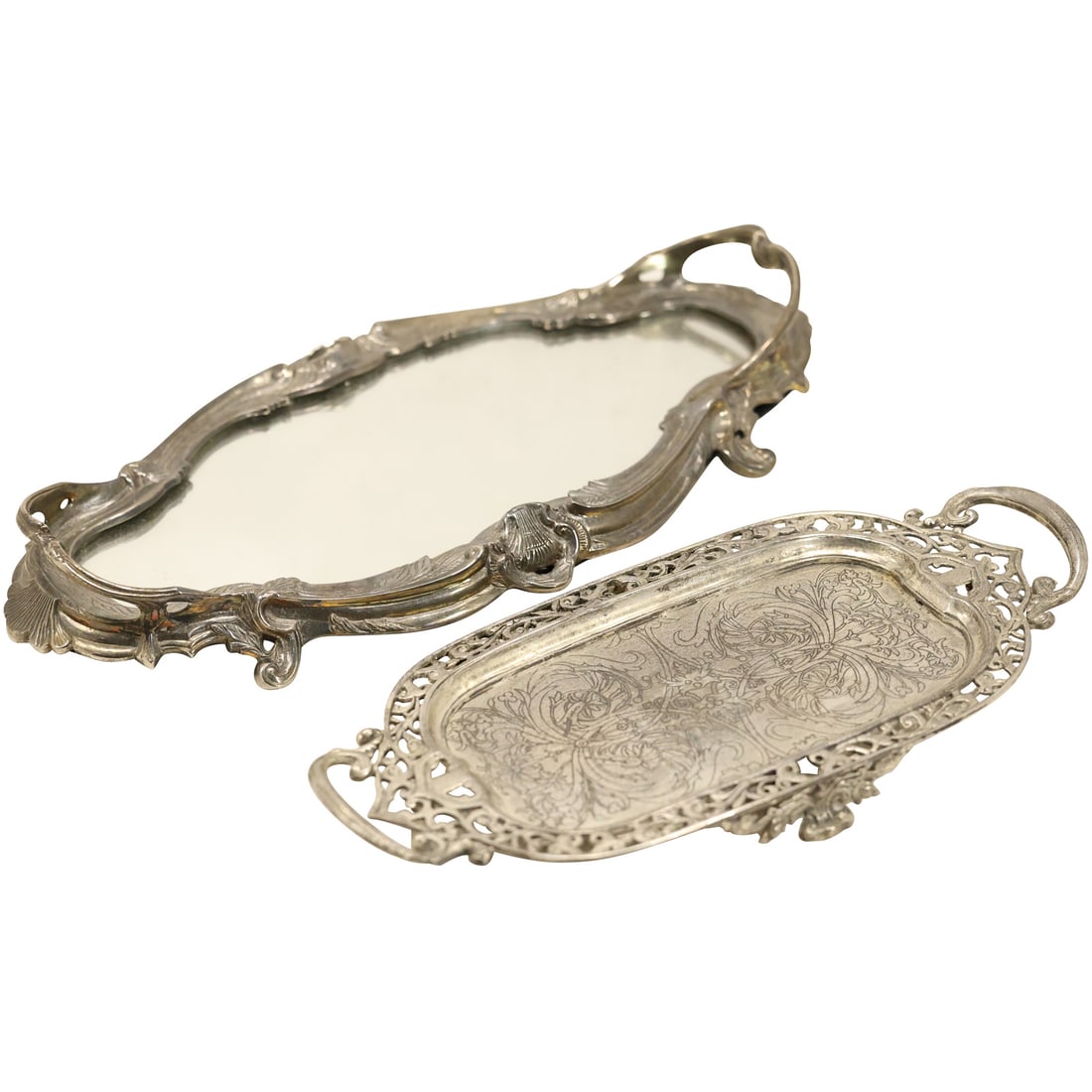 2 Fine Silver Plate Continental Serving Trays, One Mirrored Bottom, other Finley Engraved Design (1 of 18)