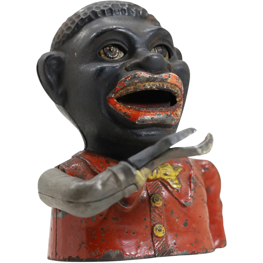 Original Jolly N Bank Americana Historical Artifact: This original Jolly Nigger bank is an example of late 19th to early 20th-century Americana. Often referred to as a mechanical bank, it features a figure with moving parts designed to encourage saving