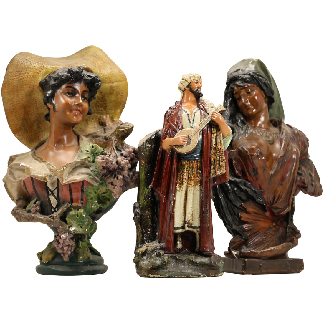 Circa 1900 Busts of Victorian Woman and Arabian Man Playing Mandolin, all in Hard Plaster (1 of 20)