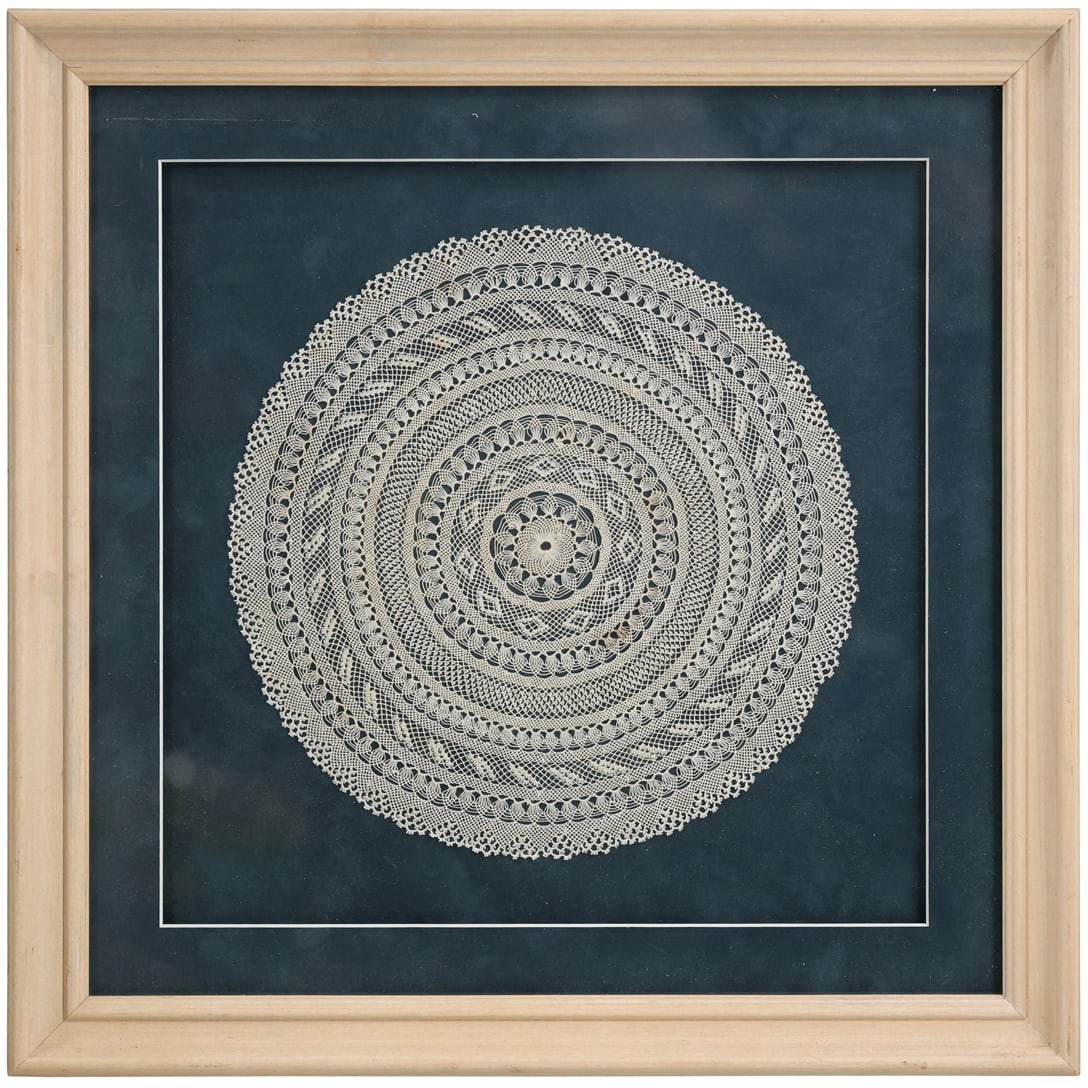 Framed "Armenian Lace" Round Linen Panel, Information on Verso: Framed "Armenian Lace" Round Linen Panel, Information on Verso. Size: 10.5 d, outside of frame: 18 w
