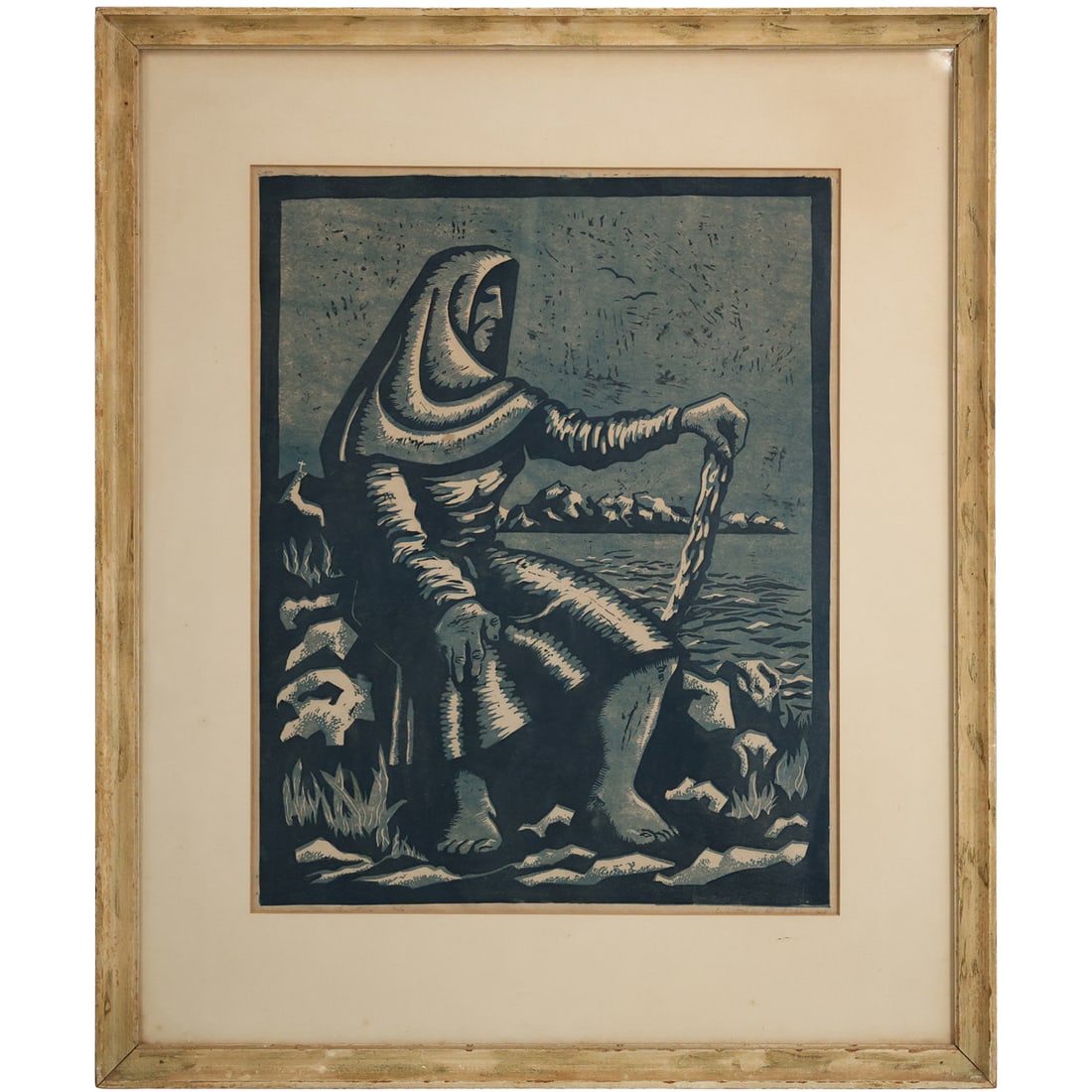 Vintage Woodcut, Cloaked Man Sitting Next to Coastal Sea, Artist Signed in Pencil, Framed: Vintage Woodcut, Cloaked Man Sitting Next to Coastal Sea, Artist Signed in Pencil, Framed. Size: 19 x 14 , outside of frame: 27 x 22