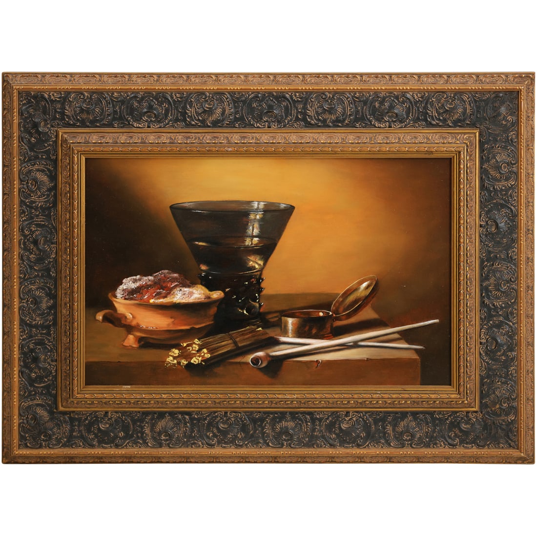 Robert Cappelletti, Fine 20th C. Oil on Board Painting Still Life Wine and Smoking Implements: Robert Cappelletti, Fine 20th C. Oil on Board Painting Still Life Wine and Smoking Implements. Size: 11.5 x 17.5 , outside of frame: 19 x 25