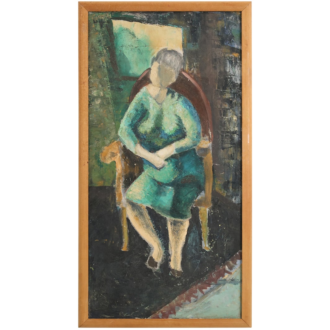 Circa 1940s Modernism Oil on Canvas Painting Woman Sitting in Chair, Original Framing: . Circa 1940s Modernism Oil on Canvas Painting Woman Sitting in Chair, Original Framing Size: 24 x 12 , outside of frame: 25 x 13