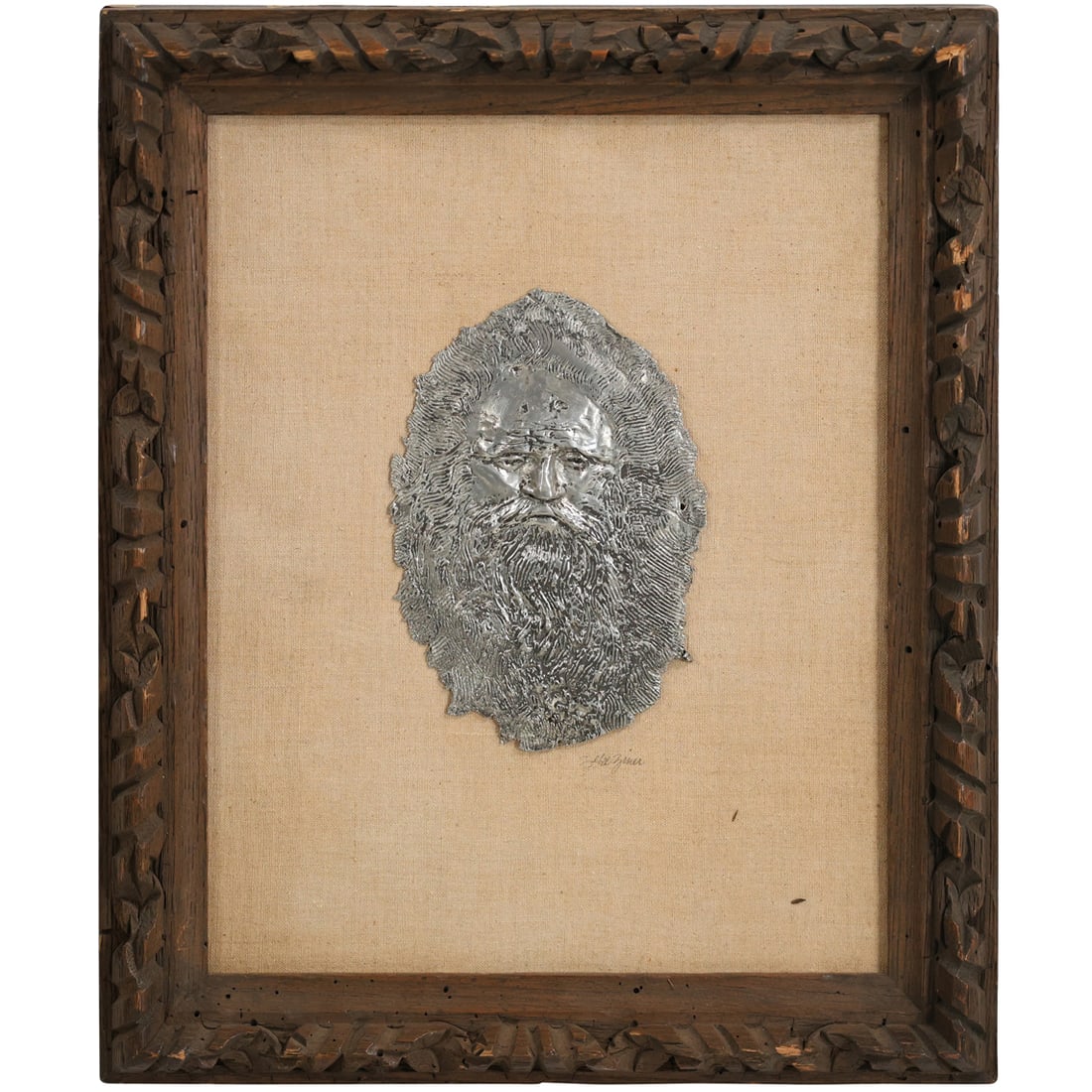 Signed Judaica Wall Sculpture of Bearded Man in Silver Tone Patina Mounted on Plaque: Signed Judaica Wall Sculpture of Bearded Man in Silver Tone Patina Mounted on Plaque. Size: 7 x 5.75 face, outside of frame: 16 x 13. ASKart: Zeke Ziner (Born 1919) is active/lives in Connecticut. Zek