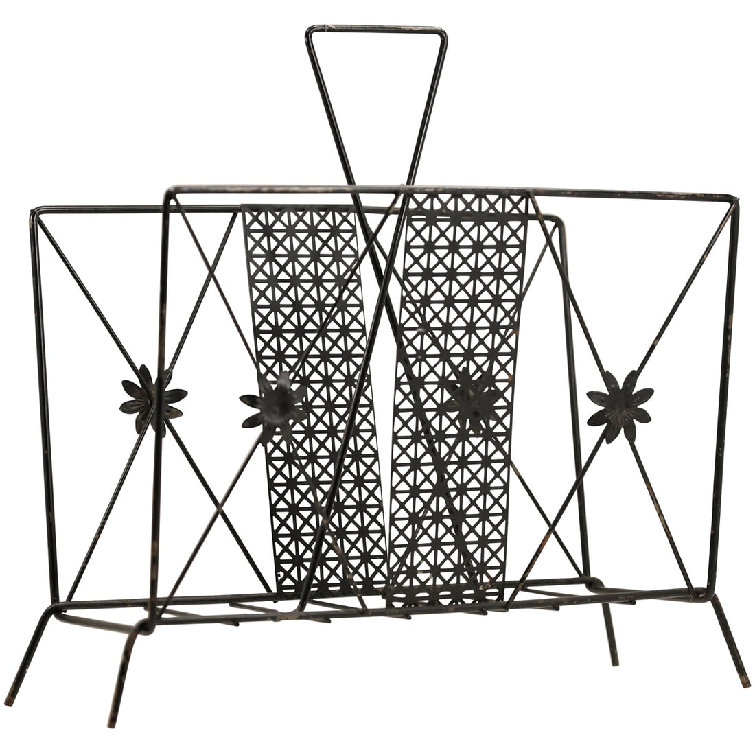 Mid-Century Modern Atomic Metal Magazine Stand 19 in. height x 20 in. x 10 in.: Mid-Century Modern Atomic Metal Magazine Stand 19 in. height x 20 in. x 10 in. Size: 19 h , 20 x 10 S:B