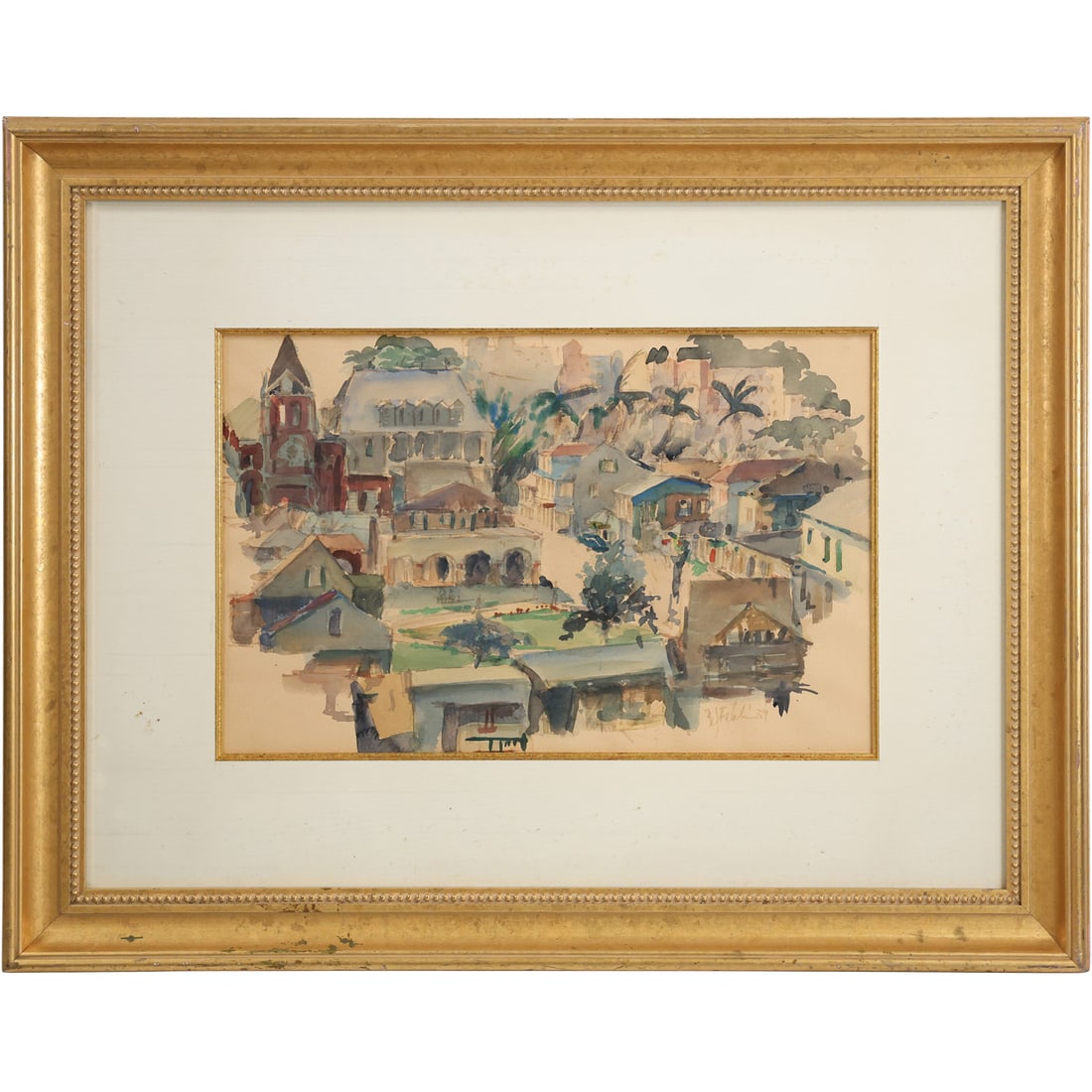 Artist Signed Illegible Dated 1959, Watercolor Painting, Tropical Landscape Rooftop Buildings (1 of 14)