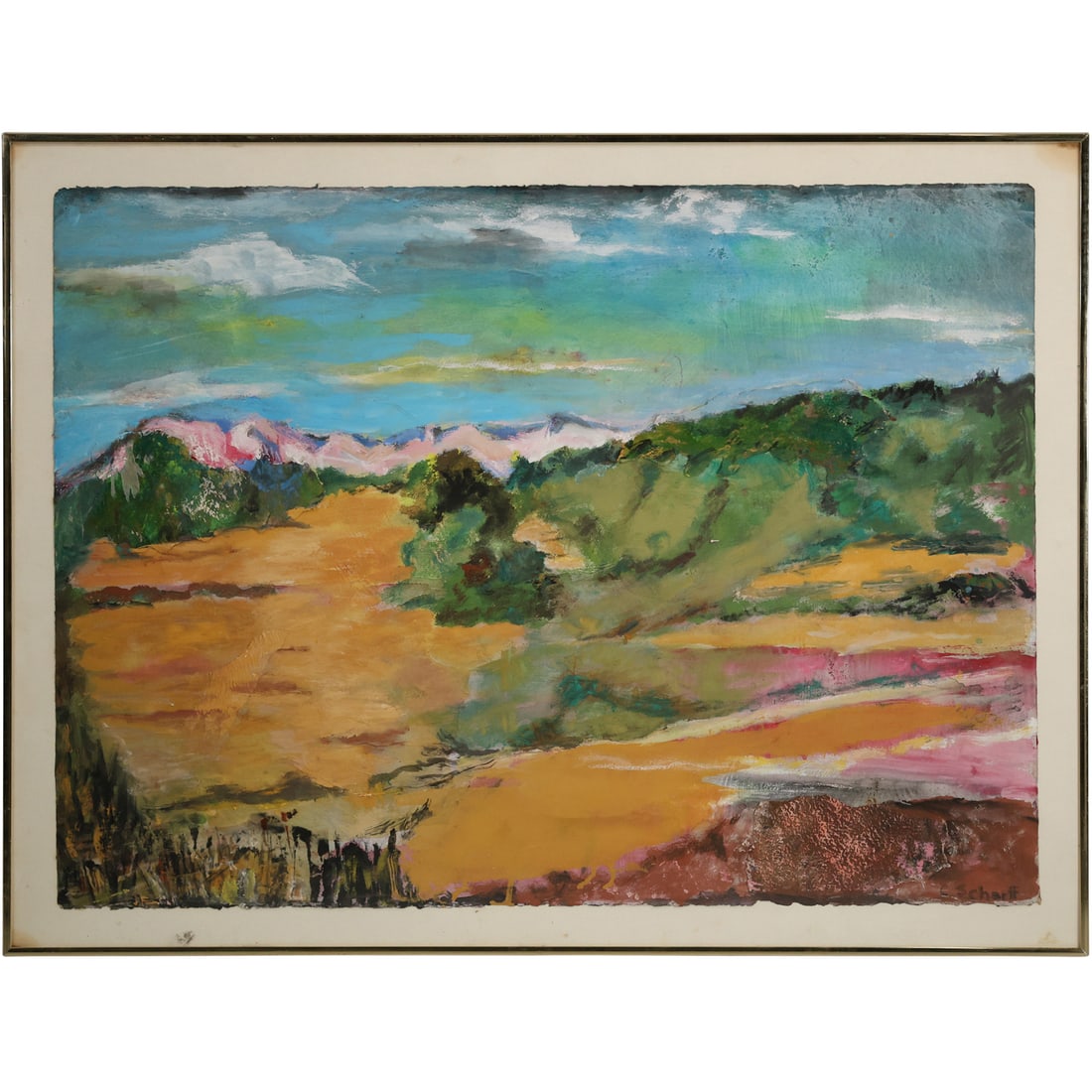 Signed C. Scharff, Mixed Media Oil on Paper Western American Desert Landscape, Framed (1 of 19)