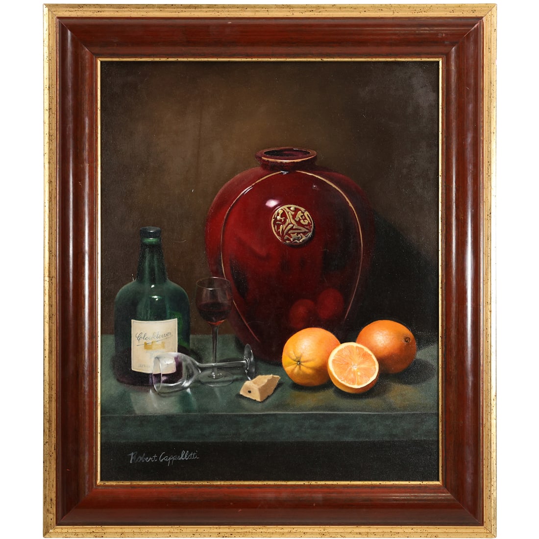 Robert Cappelletti, Fine 20th C. Oil on Board Painting Still Life Wine and Oranges: Robert Cappelletti, Fine 20th C. Oil on Board Painting Still Life Wine and Oranges. size: 22 x 18 , outside of frame: 27 x 23