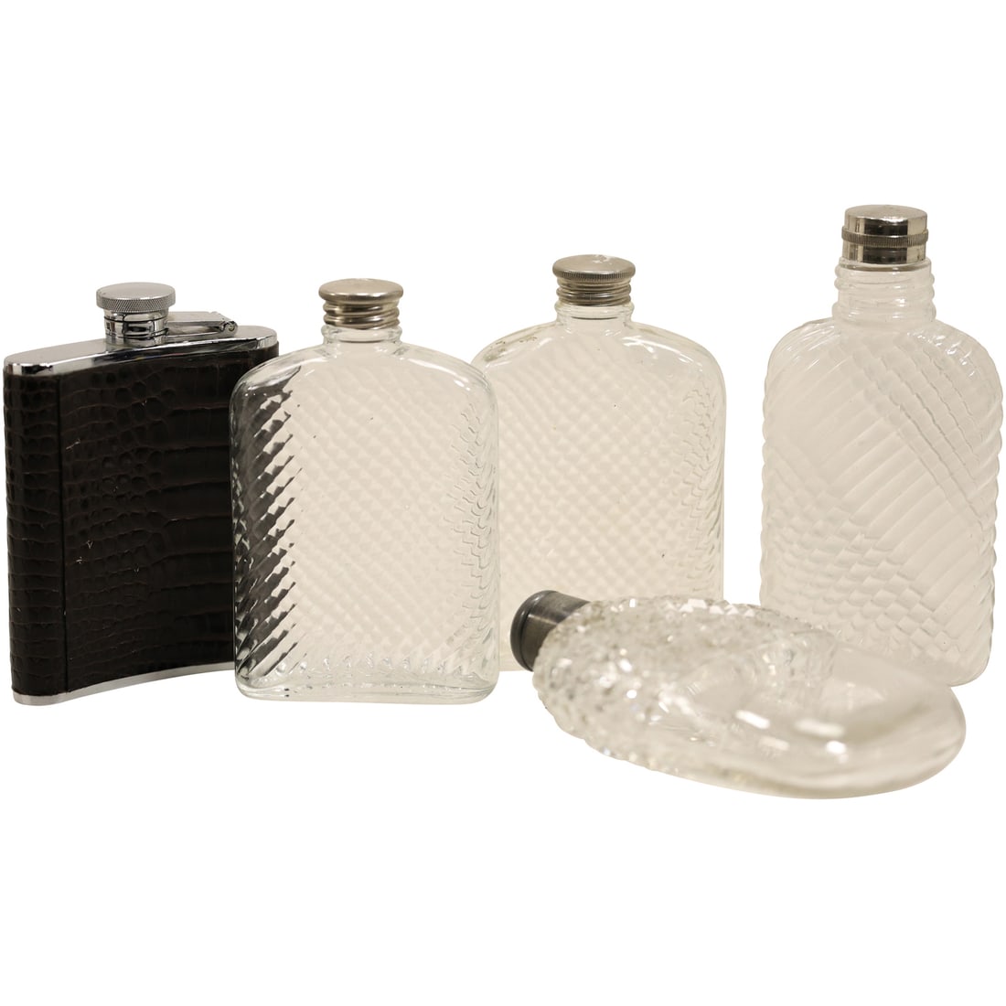 Collection of 5 Assorted Glass Flasks: Collection of 5 Assorted Glass Flasks. Size: average 6.25 x 4 x 1.5