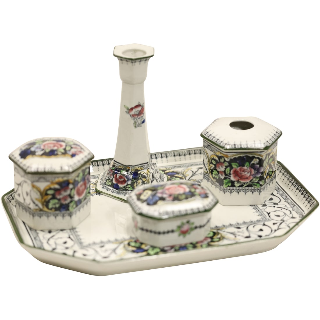 4-Piece Fine Porcelain Dresser Set Corona Ware, Stroke-on-Trent, "Sheraton" (1 of 16)