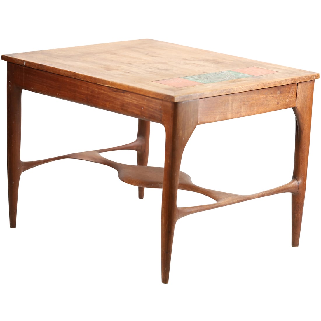 Danish Modern Walnut Occasional Table, Sculptural Stretcher Base, Recessed Accent Tiles Top (1 of 14)
