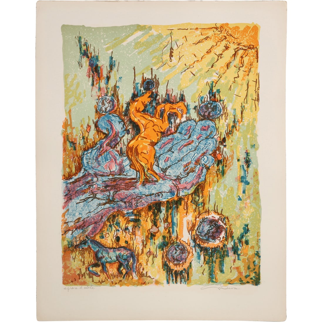 Signed Illegible Color Lithograph Surrealist Horse in Standing Pose (1 of 14)