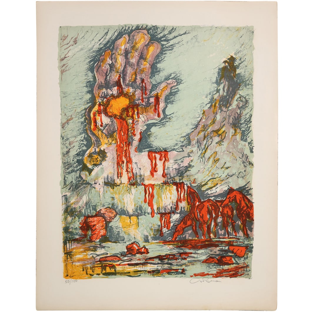 Signed Illegible Color Lithograph Surrealist Horses and Hand, #50/150 (1 of 13)