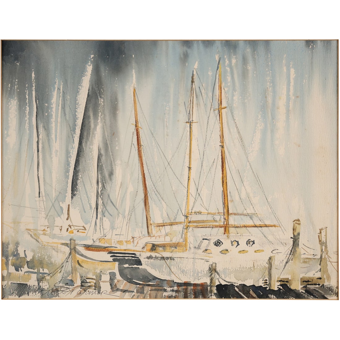 Signed M Farmer, Watercolor Painting, Fishing Boats at the Docks, New Jersey: Signed M Farmer, Watercolor Painting, Fishing Boats at the Docks, New Jersey. Size: 15 x 19 on paper, Shelf Map Case