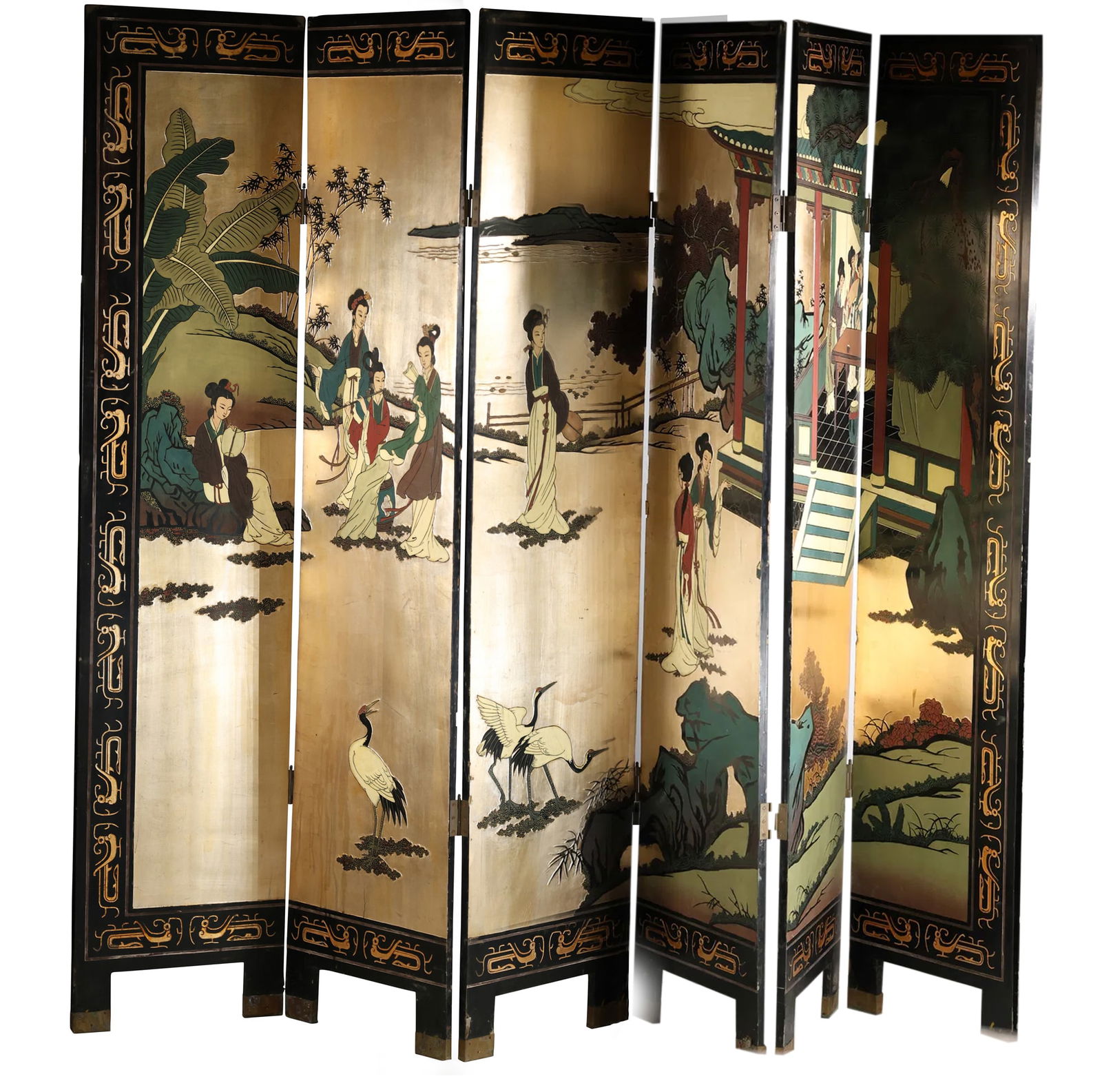 6-Panel Chinese Folding Screen Black Lacquer with Gold Gilt, Figures 72 in. height (1 of 20)
