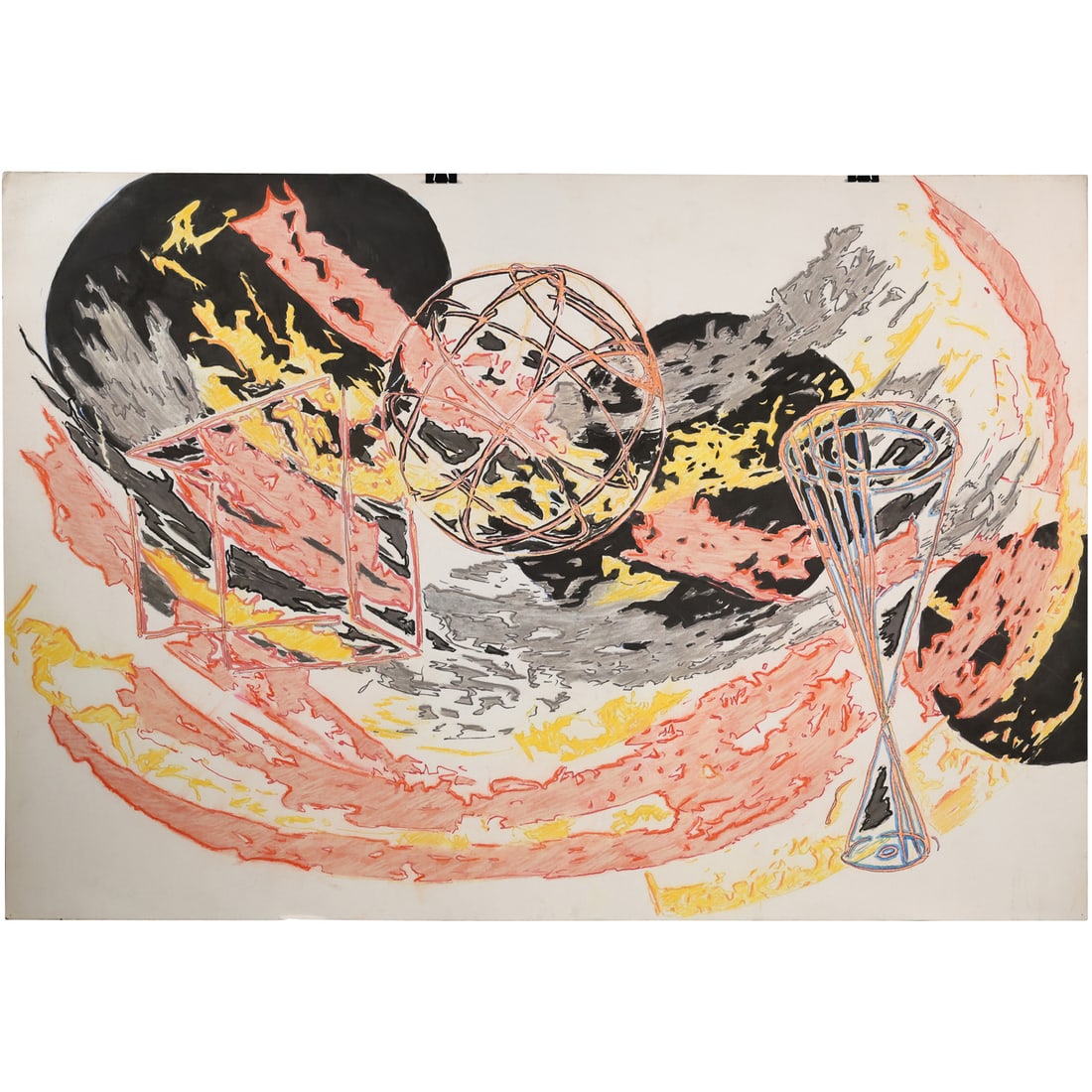 20th C. Mixed Media Colorful Abstract on Paper Red Orange Black 30 in. x 44 in. (1 of 15)