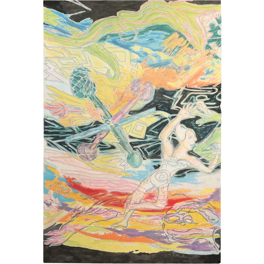 20th C. Mixed Media Colorful Abstract on Paper Surrealist Figure and Jax 31 in. x 46 in. (1 of 16)