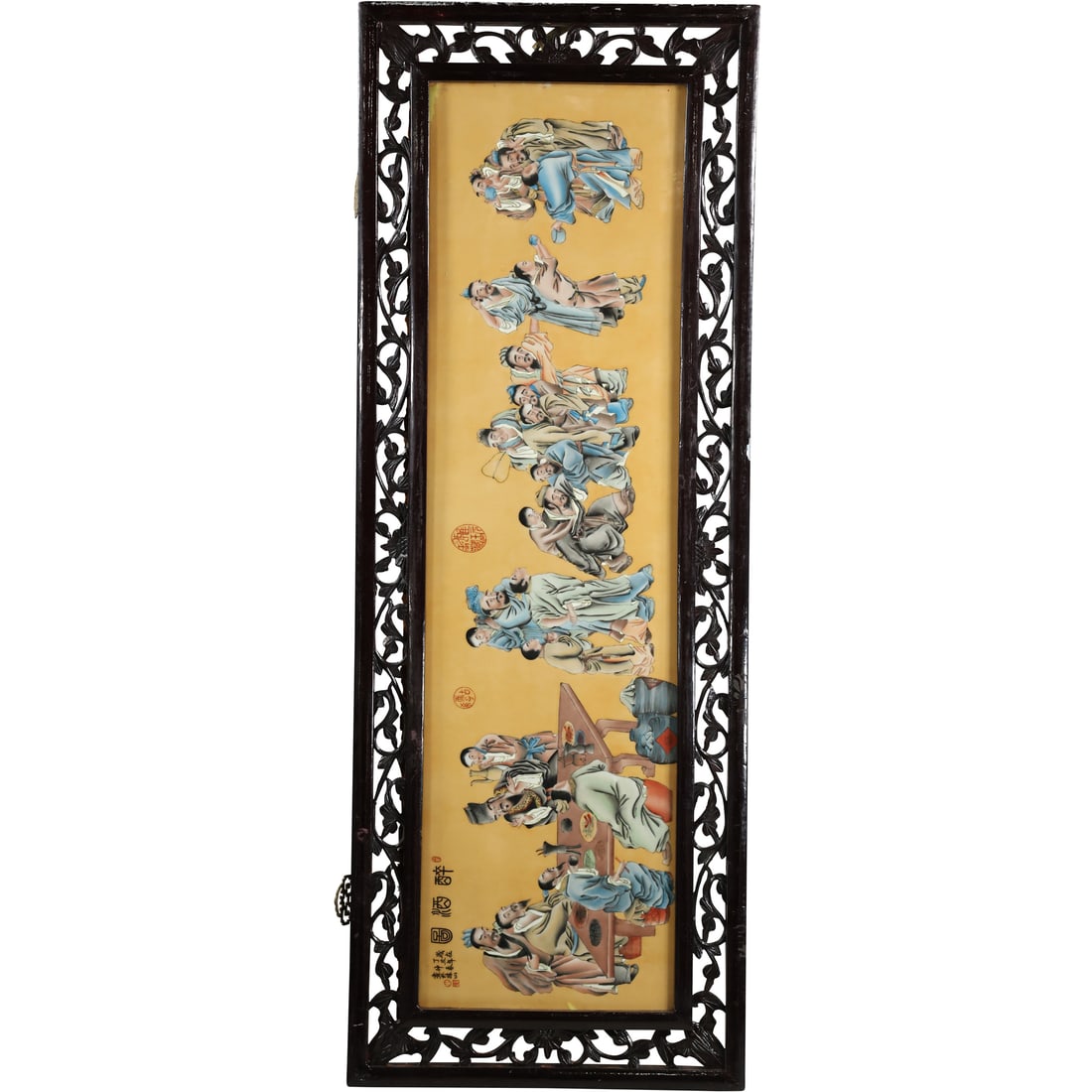 Chinese Feast with Many Figures, Busy Scenes, Mounted in Carved Frame 19 in. x 51 in. (1 of 17)