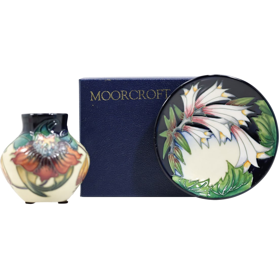 2 MOORCROFT Art Pottery Decorated Vase and Plate, with box (1 of 12)