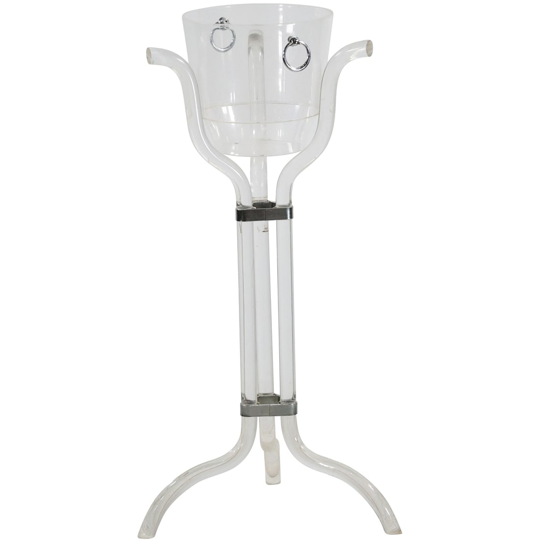 vintage Mid-century modern Lucite Wine Cooler on Stand: This stylish mid-century modern Lucite wine cooler is both functional and visually striking, embodying the clear elegance of Lucite furniture from the era. Standing at 31 inches tall, the cooler is de