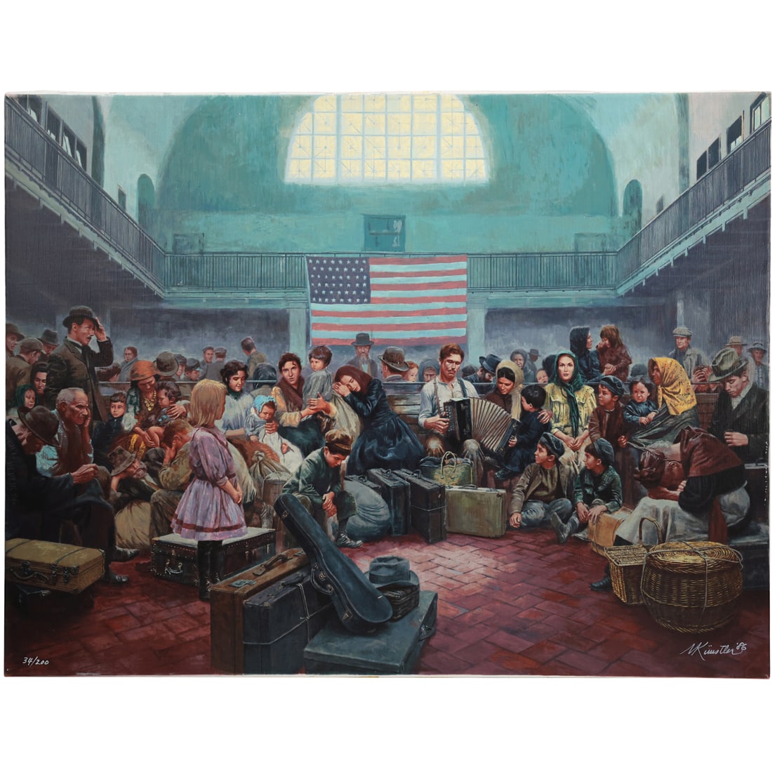 Mort Kuntsler "Ellis Island Main Hall" Serigraph on Canvas Signed & Numbered 34/200: Mort Kuntsler "Ellis Island Main Hall" Serigraph on Canvas Signed & Numbered 34/200. Size: 33 x 44 ,