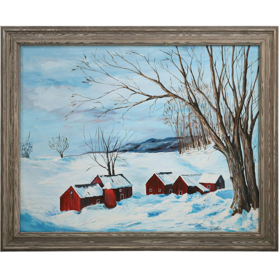 F B Vasta, Oil on Canvas Painting, Red Barns in a Winter Landscape, Framed (1 of 15)