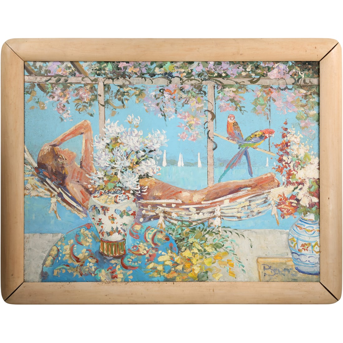 Signed Bierns, Large Oil on Canvas Painting Woman Reclining in Hammock with Parrots: Signed Bierns, Large Oil on Canvas Painting Woman Reclining in Hammock with Parrots. Size: 36 x 48 , outside of frame: 43 x 54