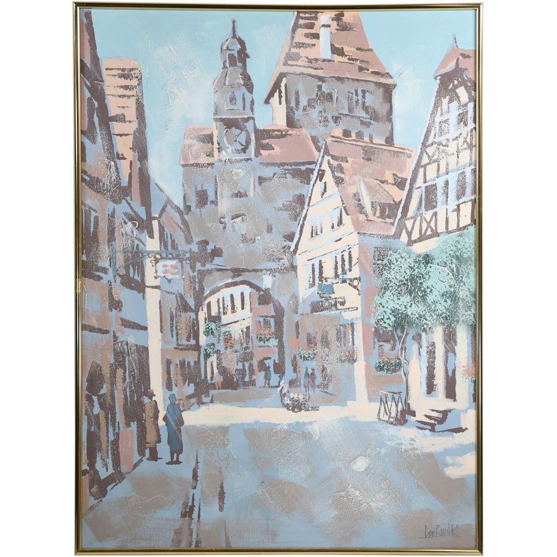 Lee Reynolds aka Lee Burr, Oil on Canvas Painting European Town Scene 46 in. x 34 n.: Lee Reynolds aka Lee Burr, Oil on Canvas Painting European Town Scene 46 in. x 34 in. Size: 46 x 34