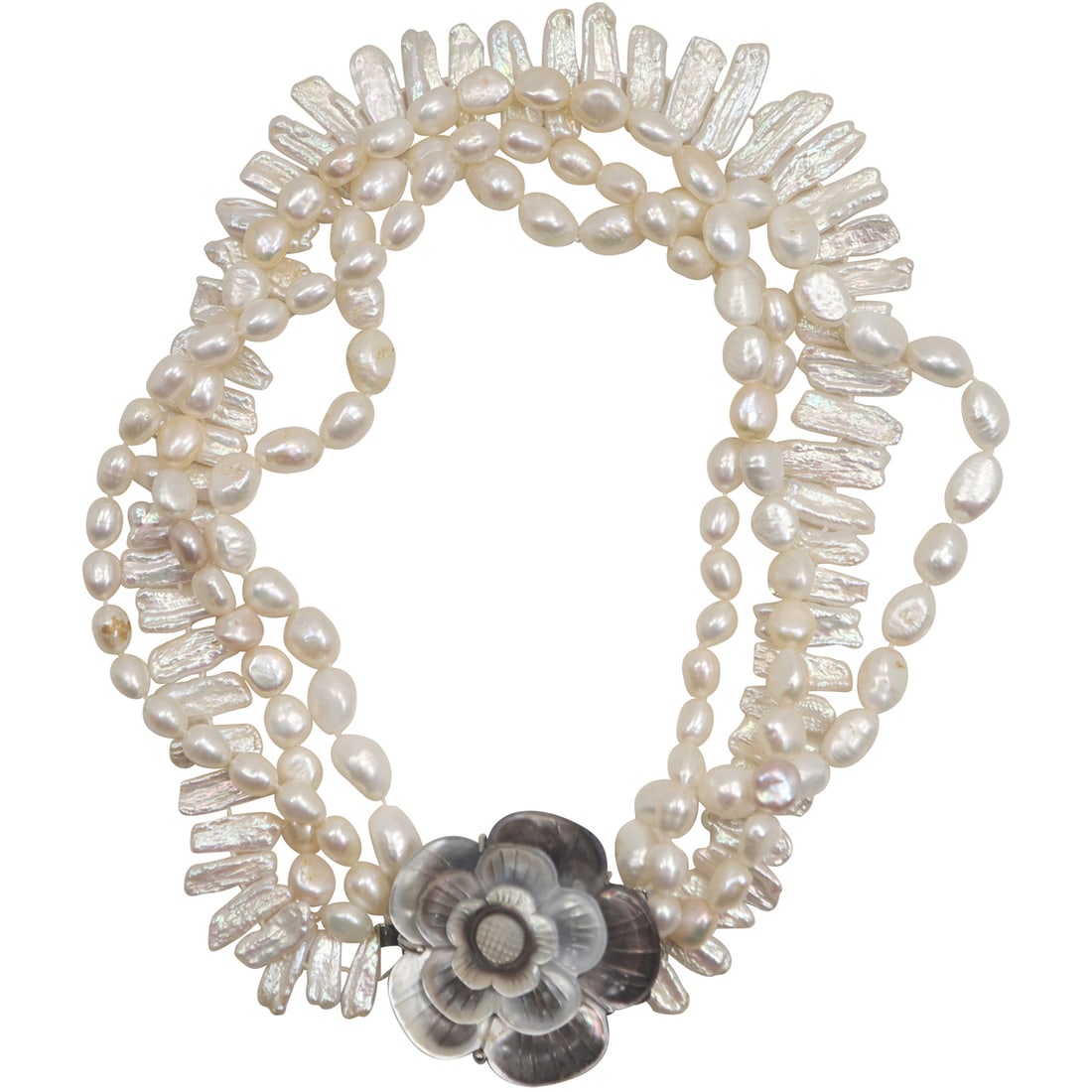 "STATEMENT" Chunky Genuine Freshwater & Mother of Pearl Shell Pieces 4-Strand Necklace (1 of 16)