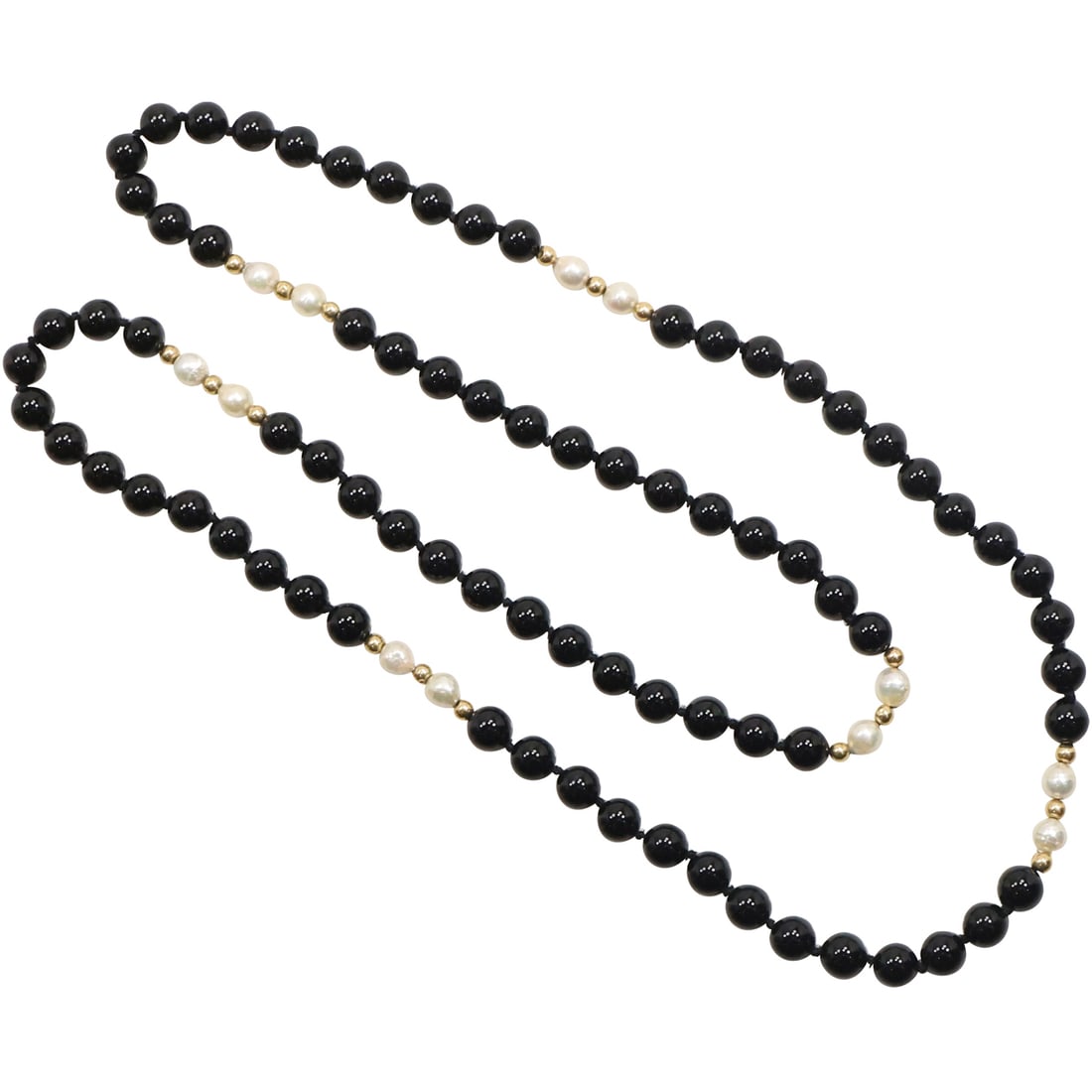 Black Onyx with Genuine Cultured Pearls and Gold Beads Necklace 17 in. x 3/8 in.: Black Onyx with Genuine Cultured Pearls and Gold Beads Necklace 17 in. x 3/8 in.