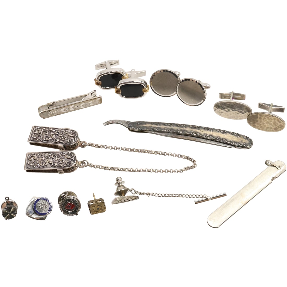 15 Pieces MEN'S STERLING LOT: Watch-Scarf Clip; Tie Clip; Tie Tacks; Sterling & 14K Cufflinks; (1 of 20)