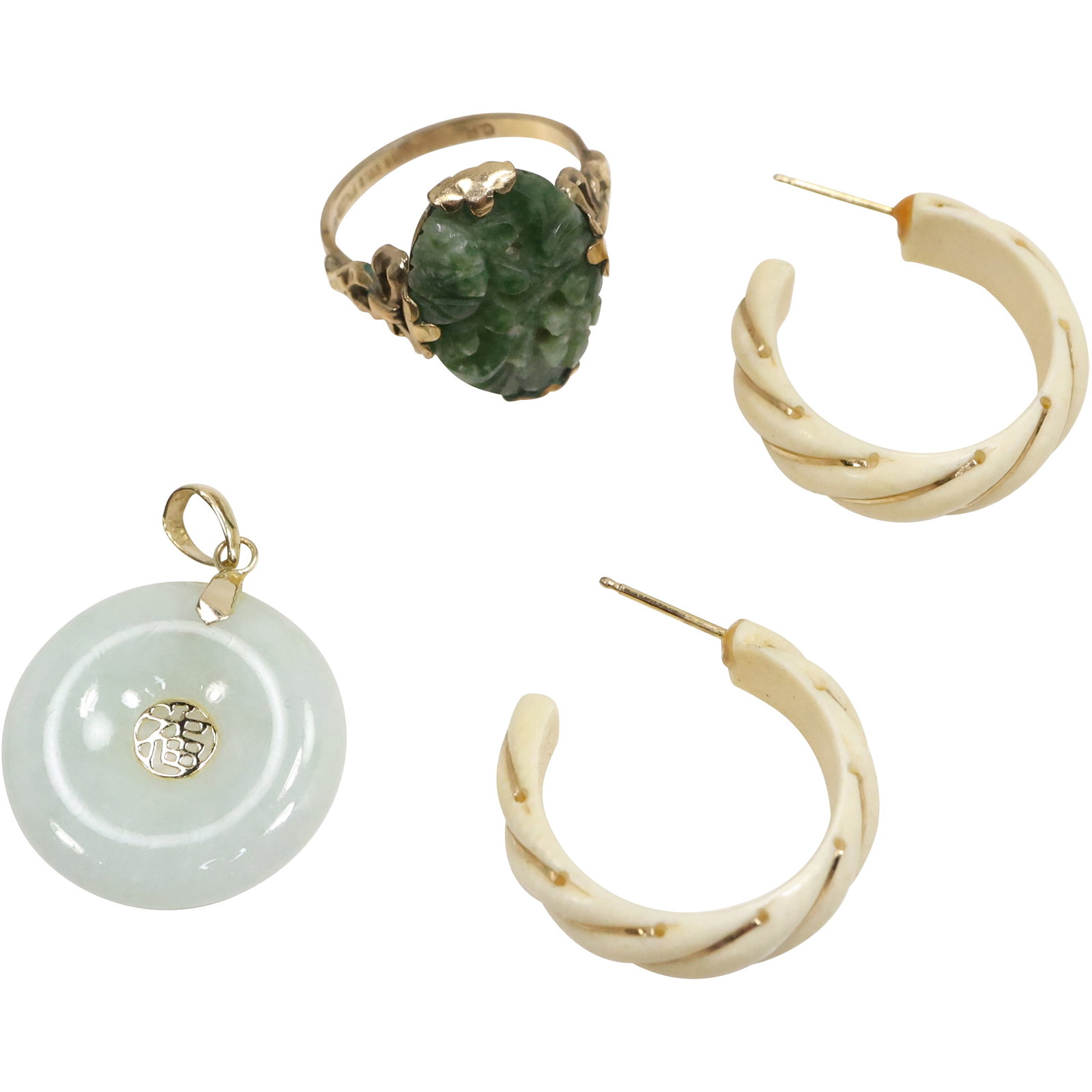 marked 14K Gold and Jade Pendant; marked 14K Gold and Bone Earrings; marked 10K Gold: marked 14K Gold and Jade Pendant 1 1/4 in. x 7/8 in.; marked 14K Gold and Bone Earrings 1 in. x 1/4 in. ; marked 10K Gold Filled Ring Size 7, 3/4 in. dia.