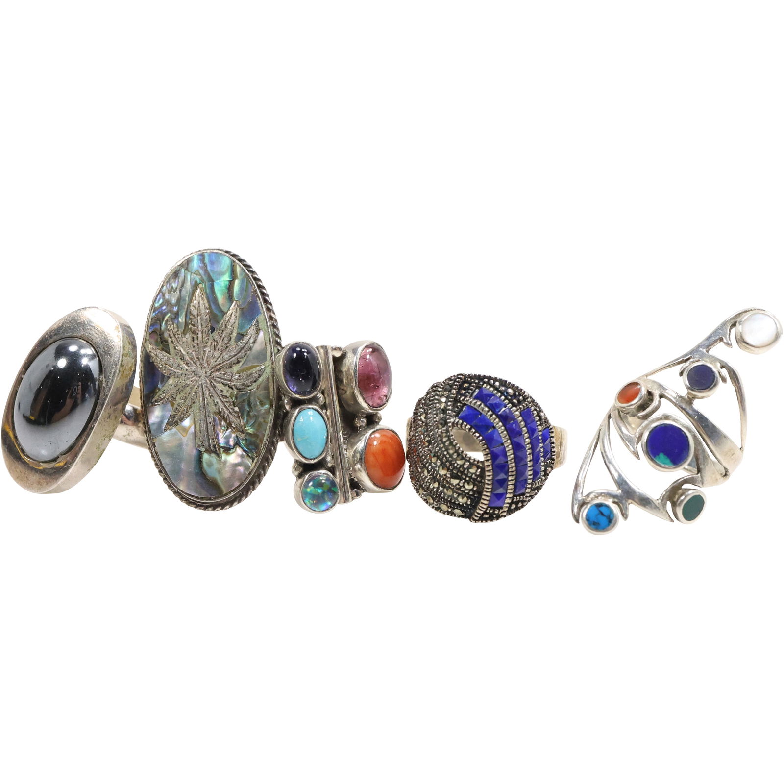 5 Assorted .925 Sterling Silver Rings: .925 Turquoise, Amethyst, Foil Ring Size 8; .925 Marcasites (1 of 20)