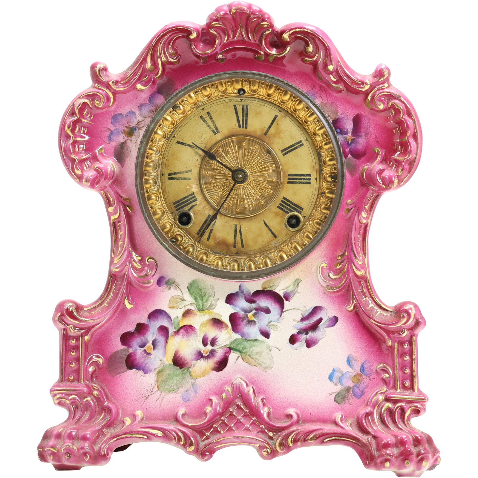 ANSONIA Pink Porcelain Case Mantle Clock "Wichita" Floral Decorated 11.75 in. height (1 of 20)