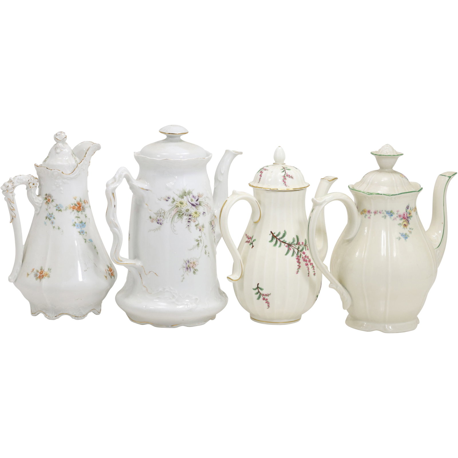 4 Assorted Antique Fine Porcelain Tea Pots including Germany Eglantine 9.5 in. to 10.5 in. heights: 4 Assorted Antique Fine Porcelain Tea Pots including Germany Eglantine 9.5 in. to 10.5 in. heights. Size: range in height 9.5 - 10.5 S:A