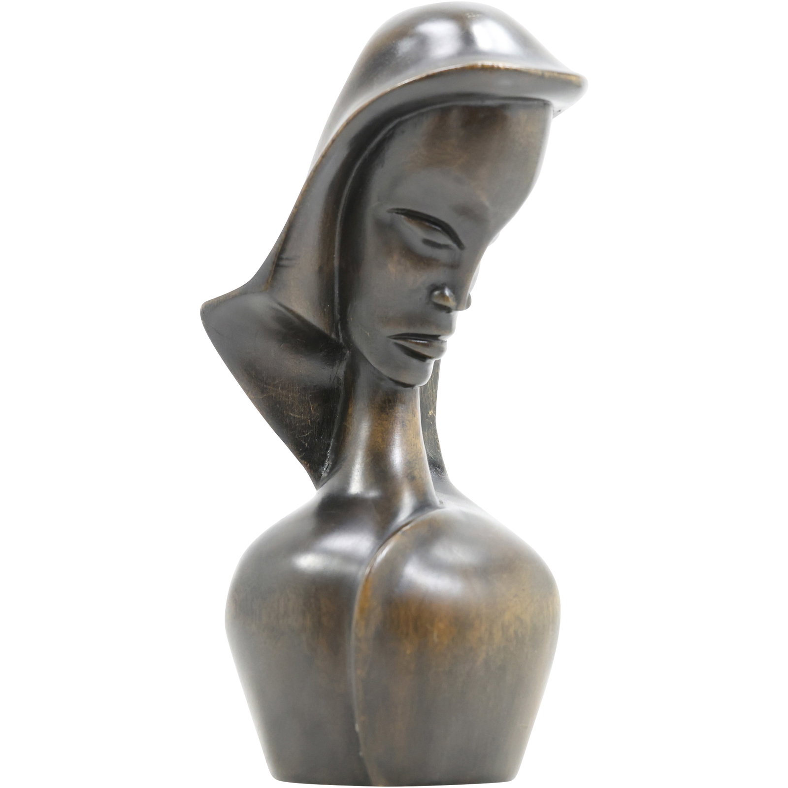 Signed F Simeon, Quality Hand Carved Wooden Sculpture on a Modernist Woman Bust 10.5 in. height: Signed F Simeon, Quality Hand Carved Wooden Sculpture on a Modernist Woman Bust 10.5 in. height. Size: 10.5 h x 4.5 w S:A