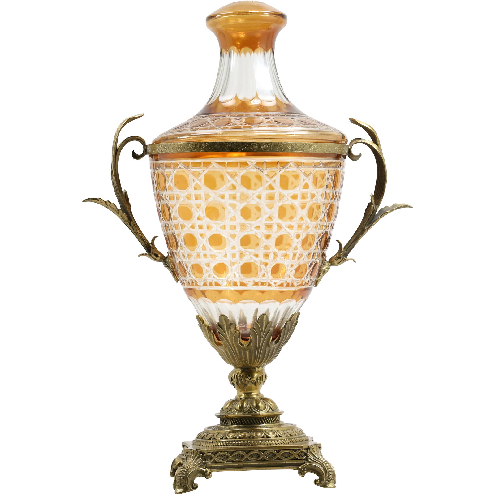 Bohemian Amber Glass Cut to Clear Covered Urn with Bronze Base and Mounts 15.5 in. height (1 of 19)