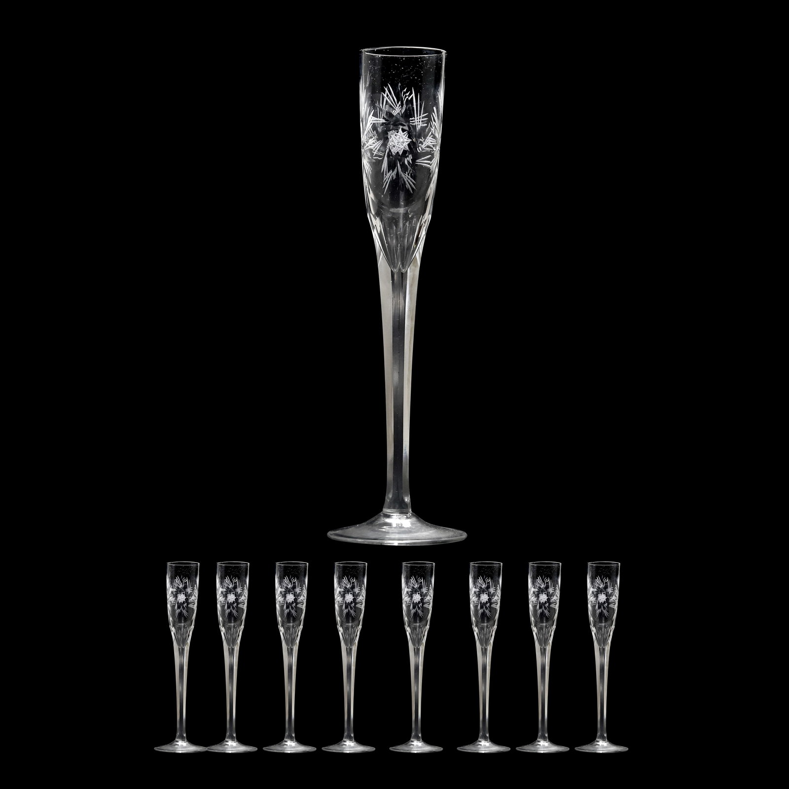 Set of 8 Elegant Crystal Glass Champagne Flutes with Etched Design 7.5 in. height (1 of 13)