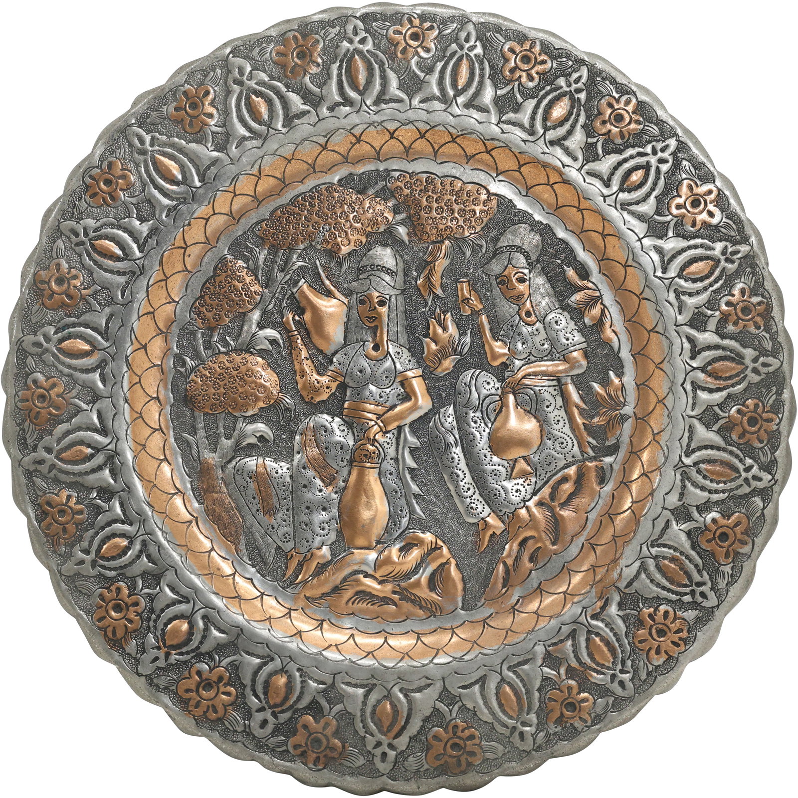 Copper and Silver Persian Figures Hand Tooled Round  Wall Plate Plaque 13 inches diameter (1 of 12)