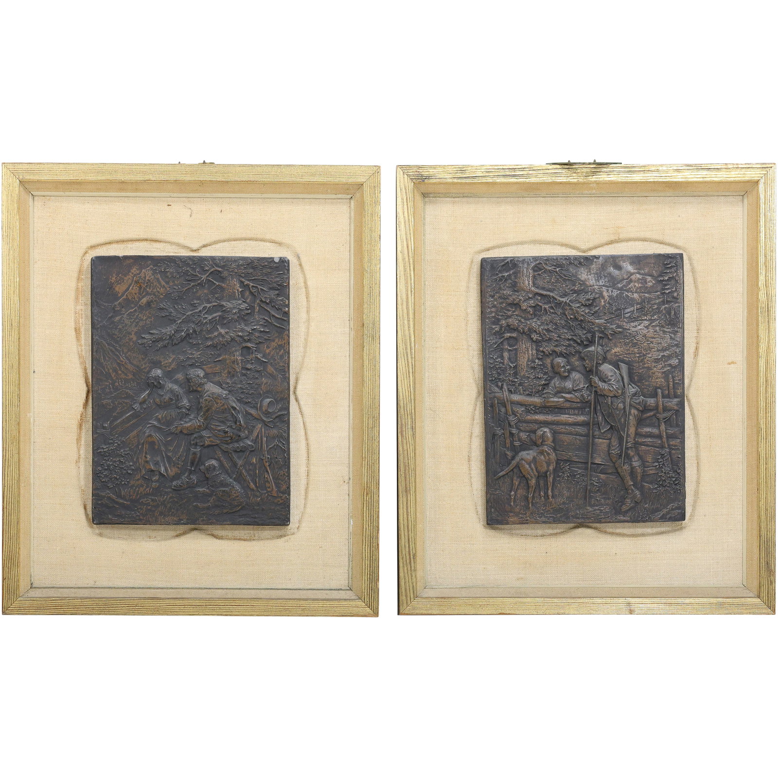 2 Cast Composition Repousee Relief  Plaques in Frames Figures in Rural Life (1 of 13)