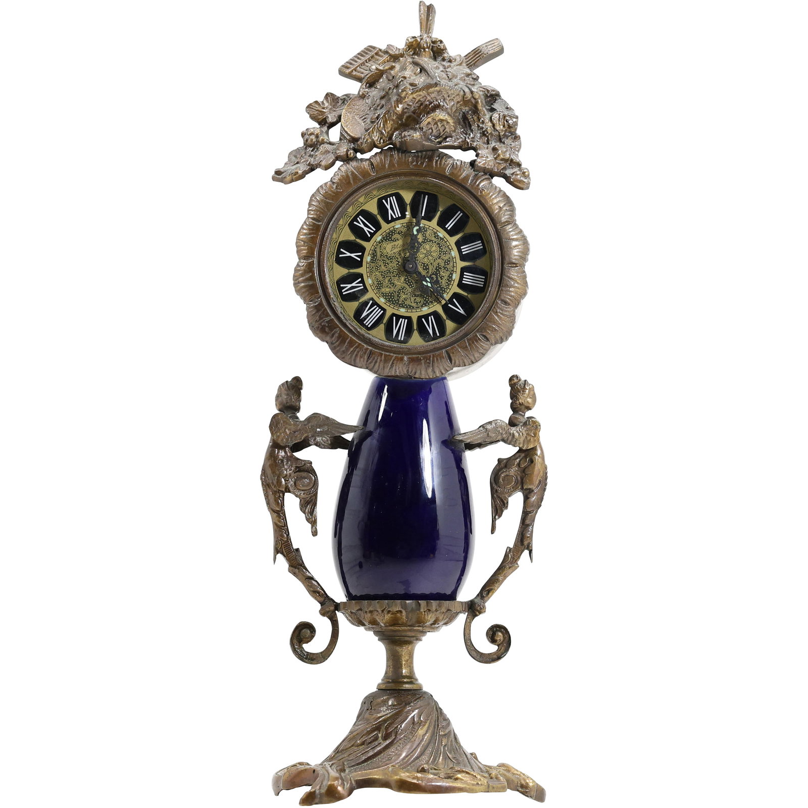 ANTIQUE FRENCH BRONZE and COBALT CERAMIC MANTEL CLOCK, Women Figure Handles (1 of 17)