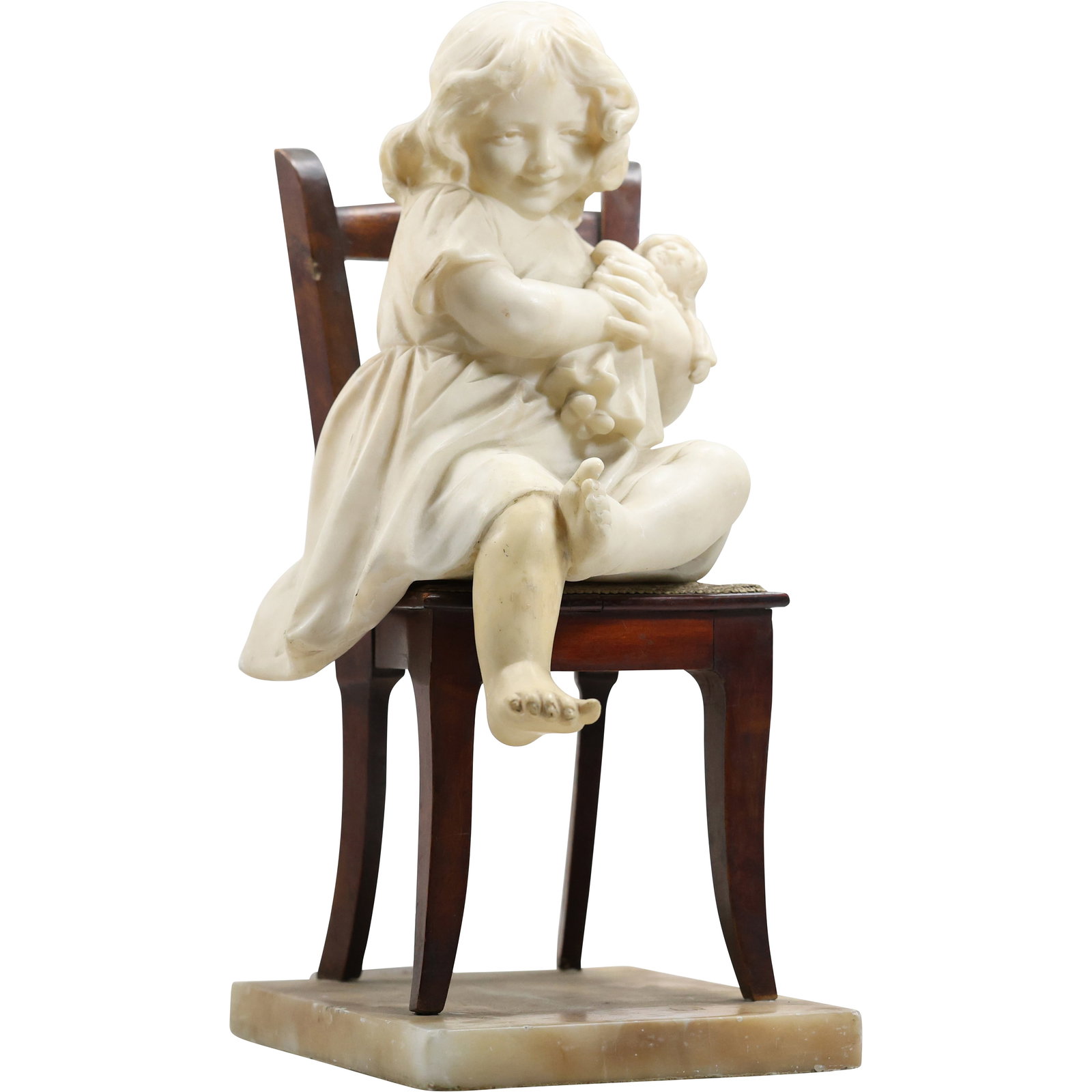 19th C. Carved Marble Stone Sculpture of a Young Girl Holding a Doll, Seated in Chair 16 in. height (1 of 17)