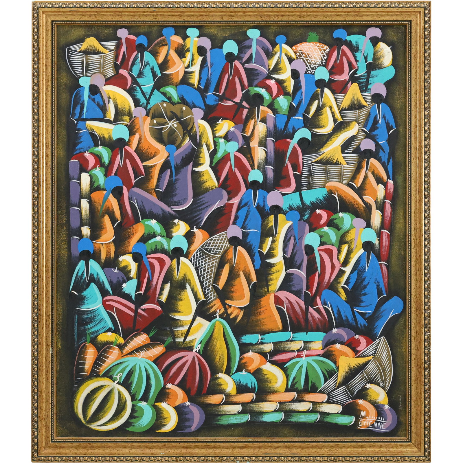 M Etienne, Haitian Oil on Canvas, Colorful Gathering of Many Figures, Signed, Framed: M Etienne, Haitian Oil on Canvas, Colorful Gathering of Many Figures, Signed, Framed. Size: 23 x 20 , outside of frame: 25 x 22
